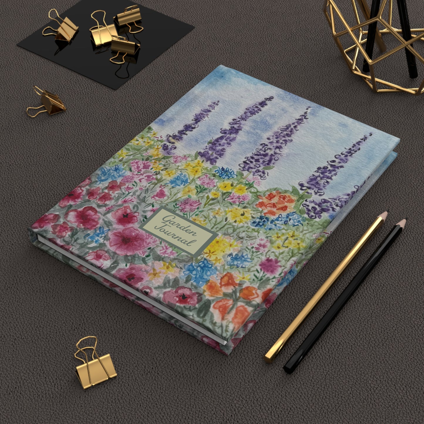 Watercolor garden journal with wildflower meadow and purple lupine flowers on soft blue background