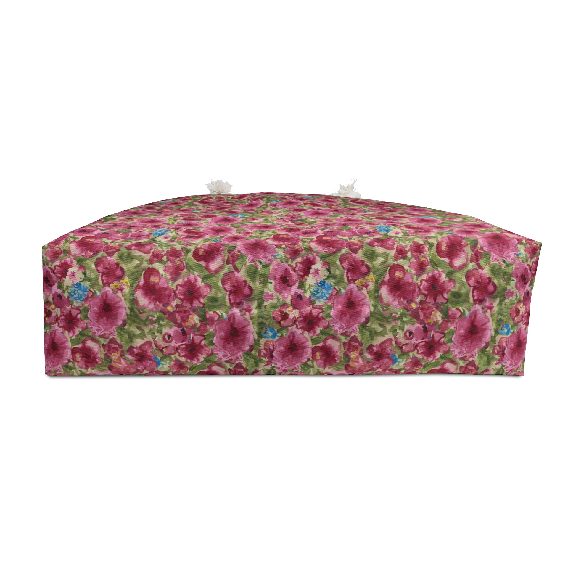 Pink watercolor poppy floral weekender tote bag featuring a dense meadow pattern of magenta and rose poppies with green foliage and rope handles.