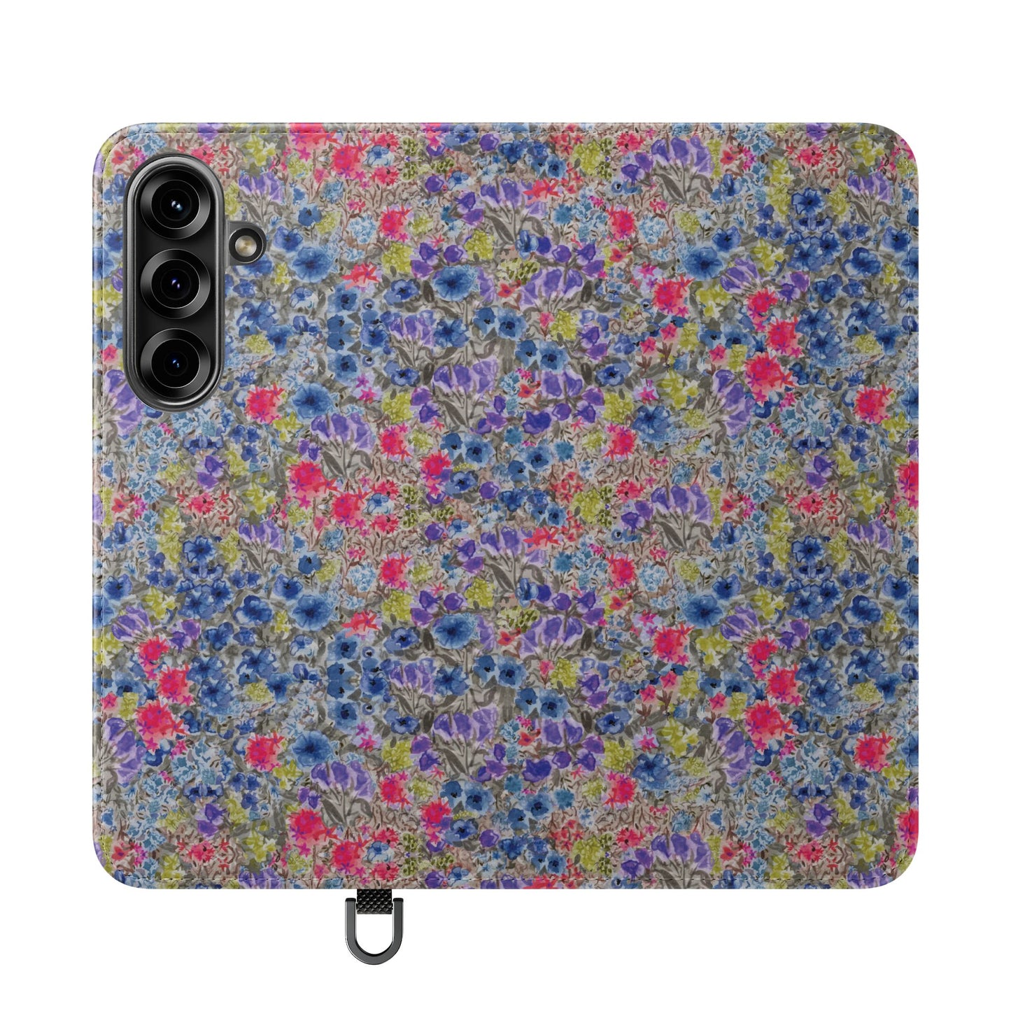 Blue watercolor wildflower wallet phone case featuring vibrant floral meadow artwork with pink and purple blossoms.
