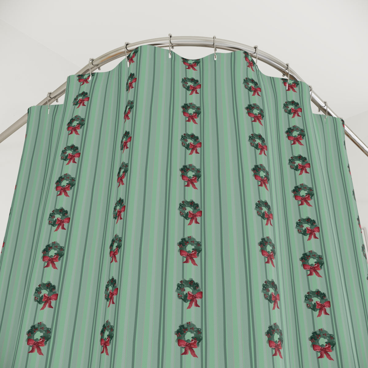 Christmas Wreath & Ribbon Watercolor Shower Curtain — hanging, full view
