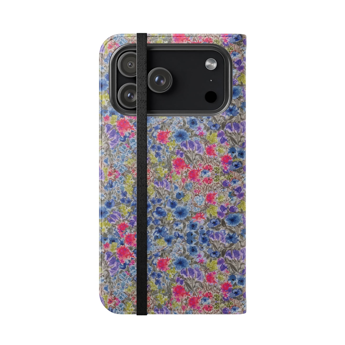 Blue wildflower floral flip phone case with watercolor botanical pattern.