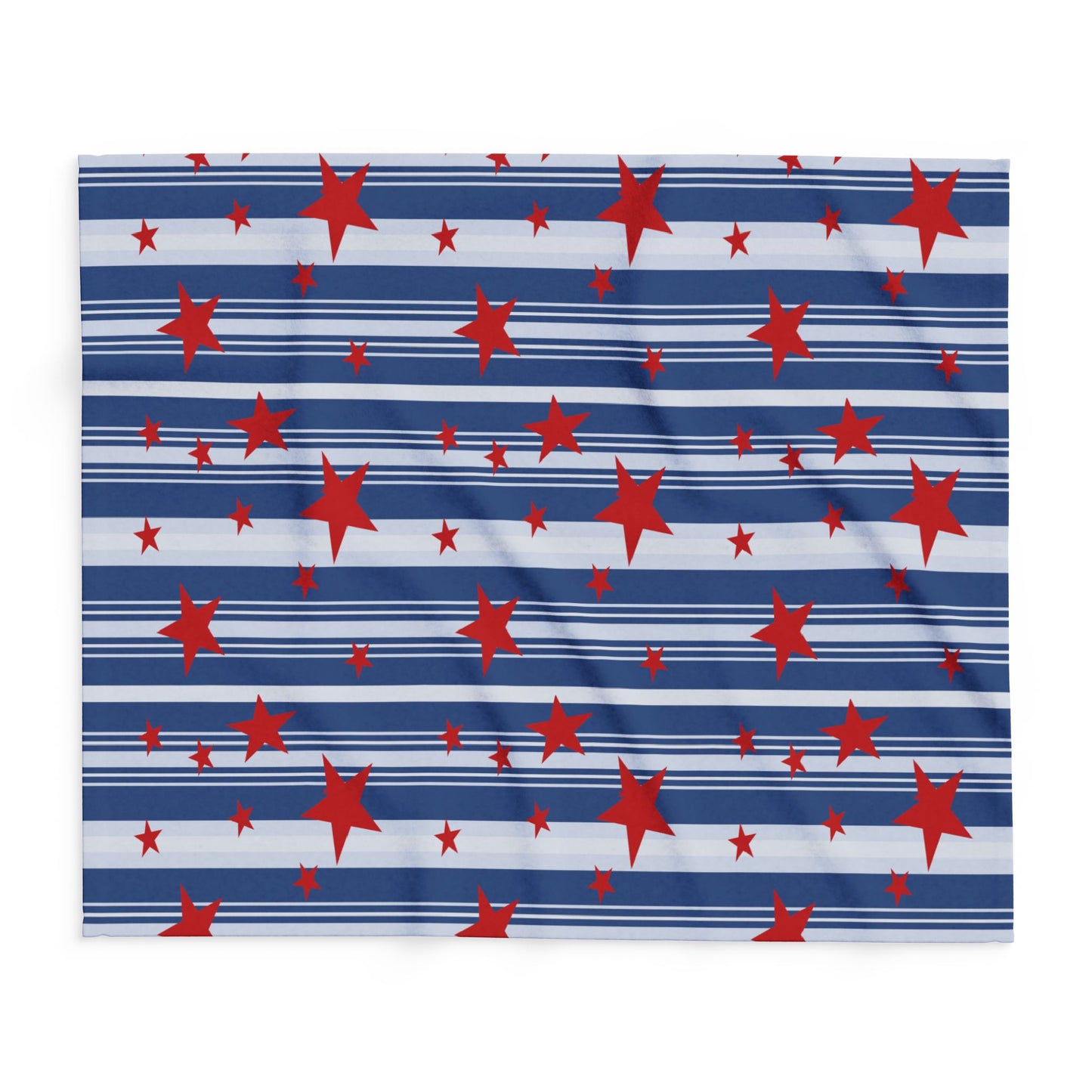 Throw blanket with pattern of red stars on blue and white striped background