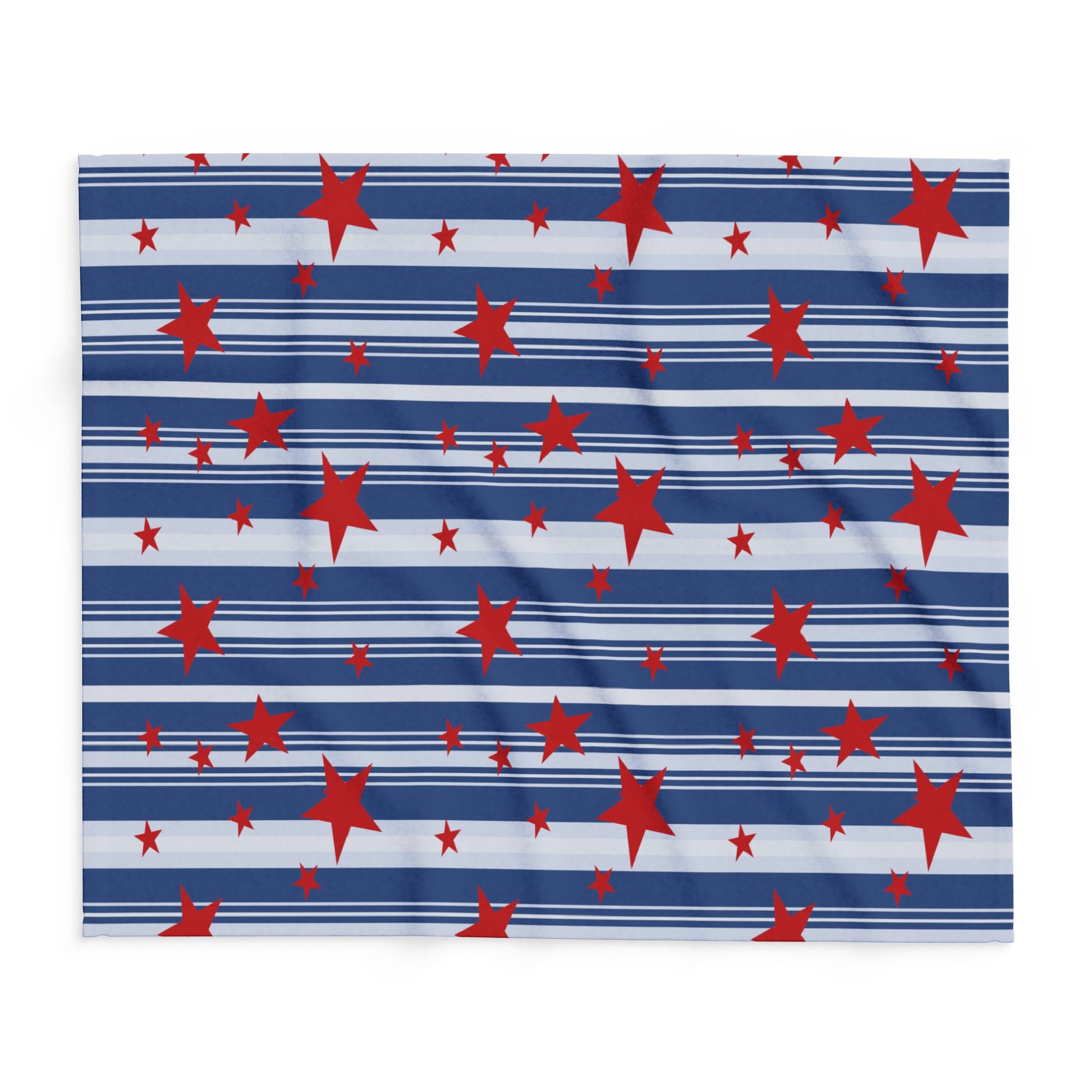 Throw blanket with pattern of red stars on blue and white striped background