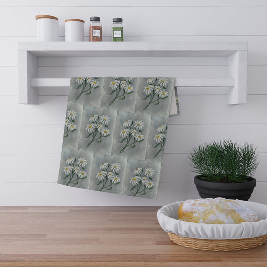 watercolor tea towel with repeating white daisy floral pattern on soft gray background