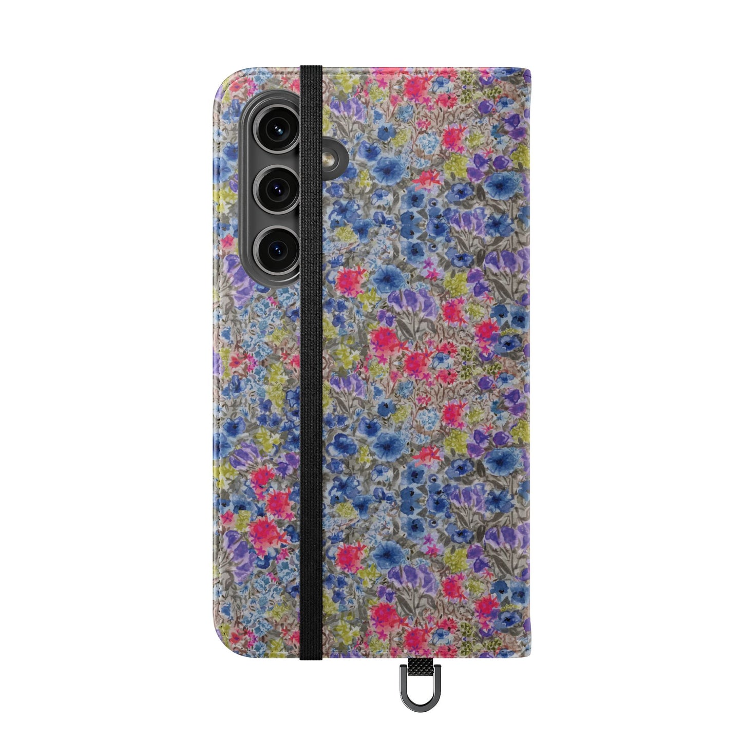 Blue wildflower floral flip phone case with watercolor botanical pattern.