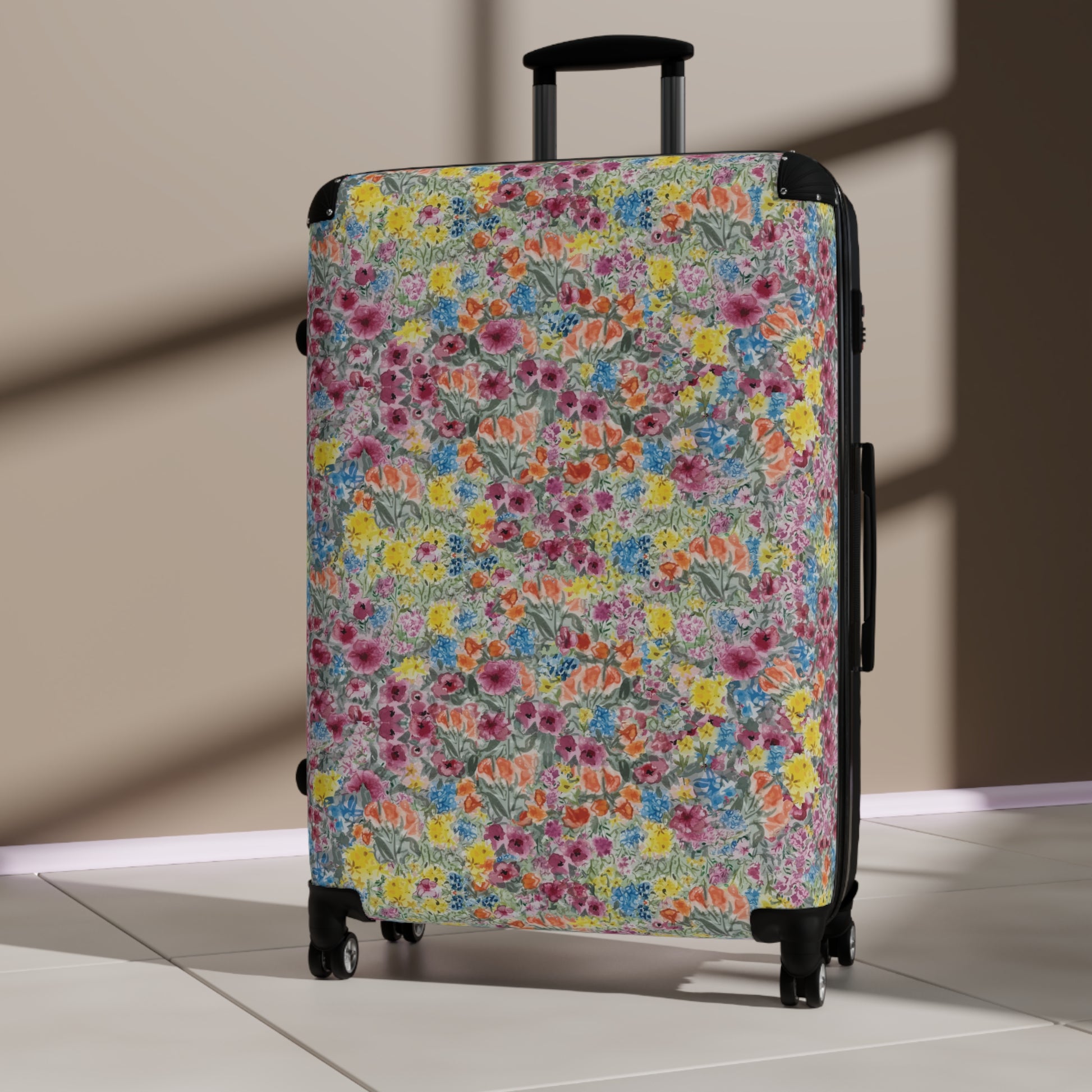 Meadow Blooms -patterned suitcase in a modern indoor setting