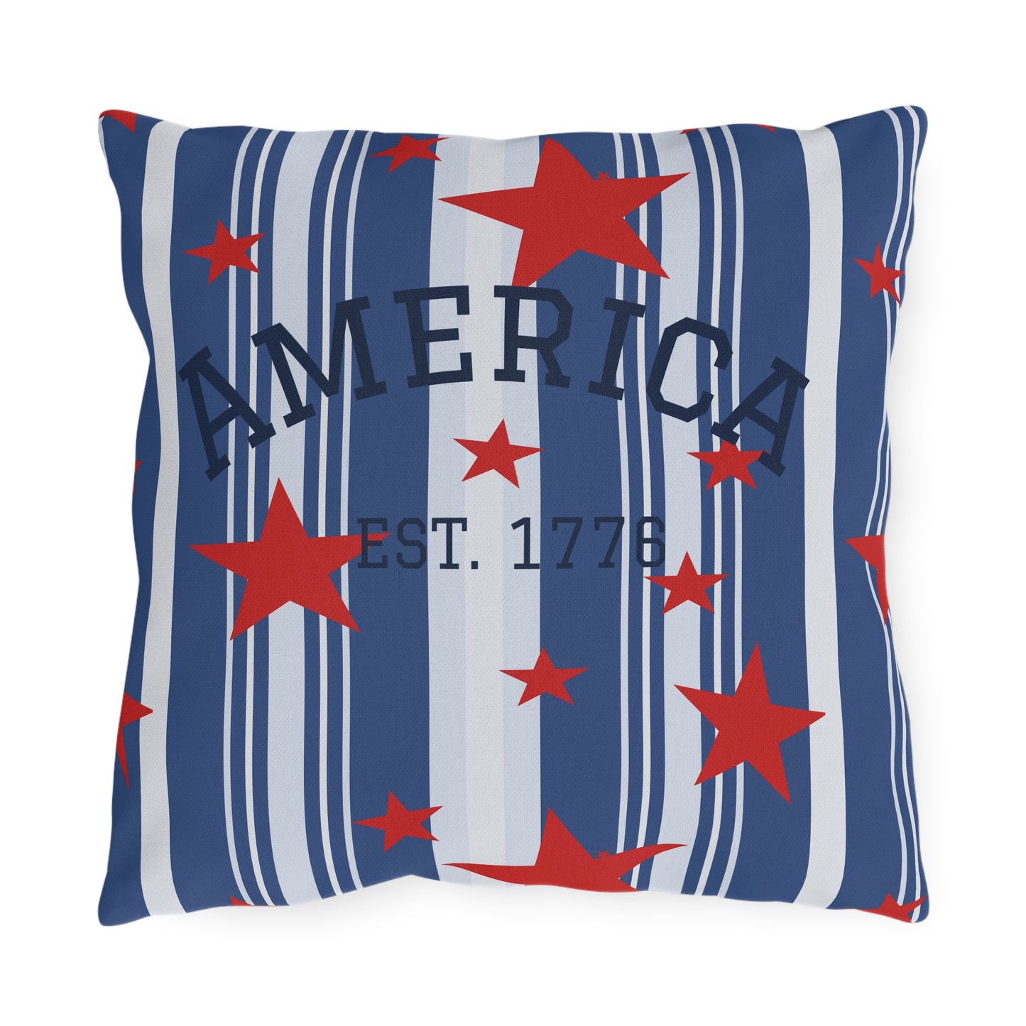 Pillow with red stars and blue stripes featuring the word 'AMERICA' and 'EST. 1776'.