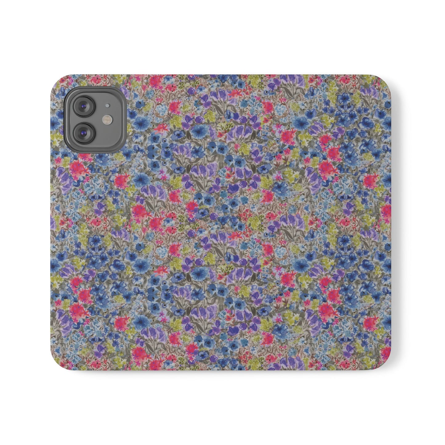 Blue watercolor wildflower wallet phone case featuring vibrant floral meadow artwork with pink and purple blossoms.