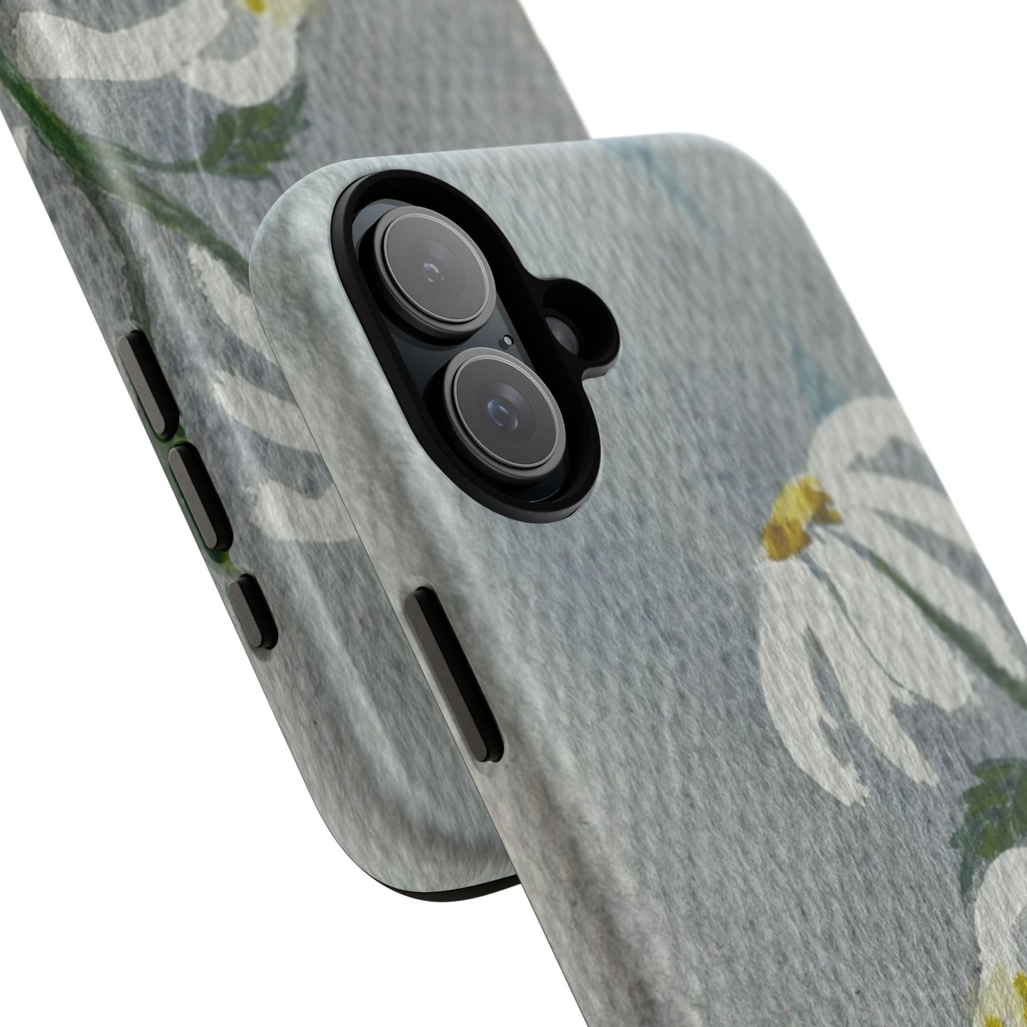 Phone case with floral design on a gray background