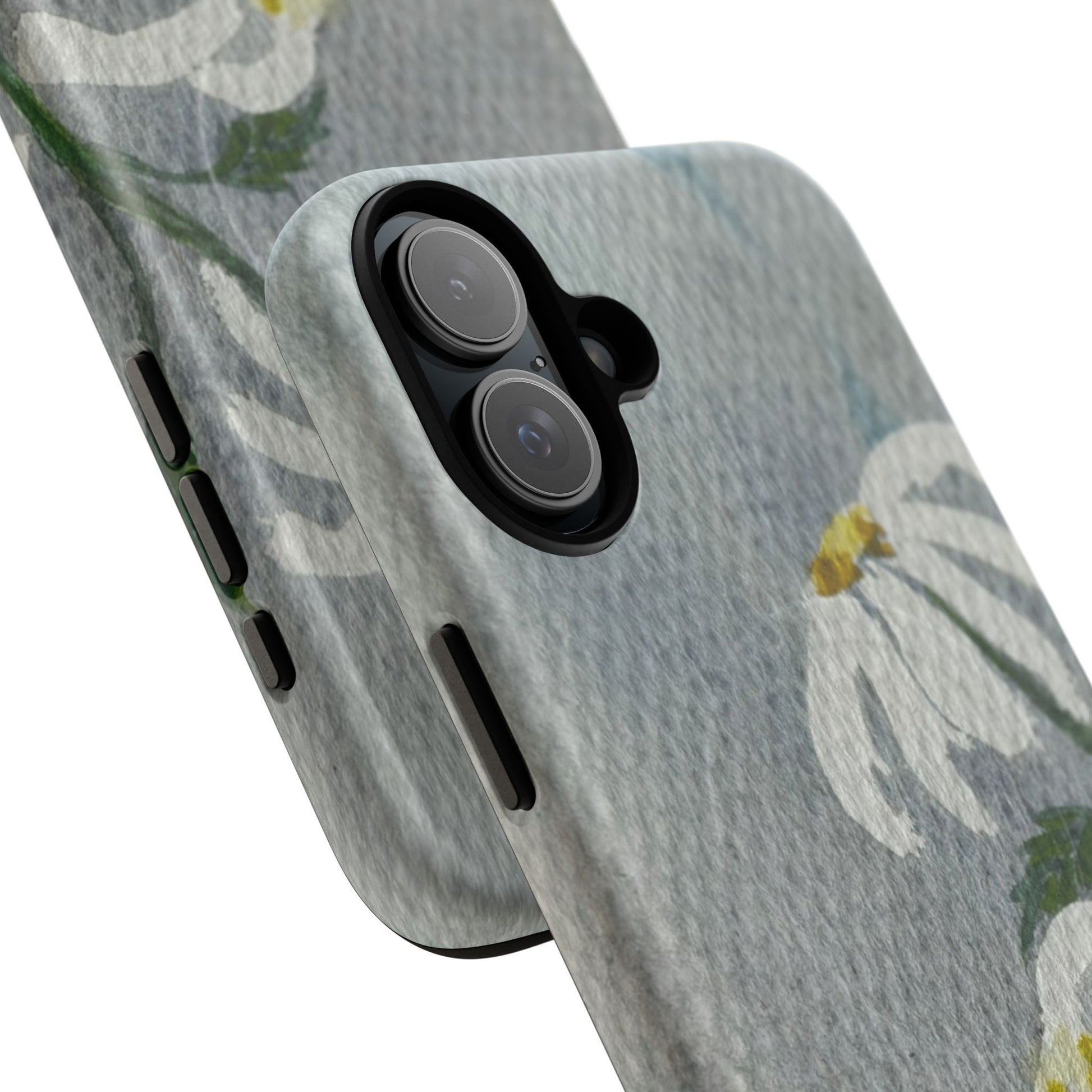Phone case with floral design on a gray background