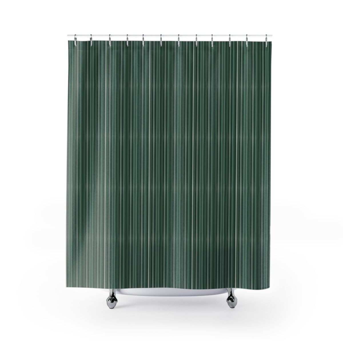 Shower curtain with a calming painted green stripe design