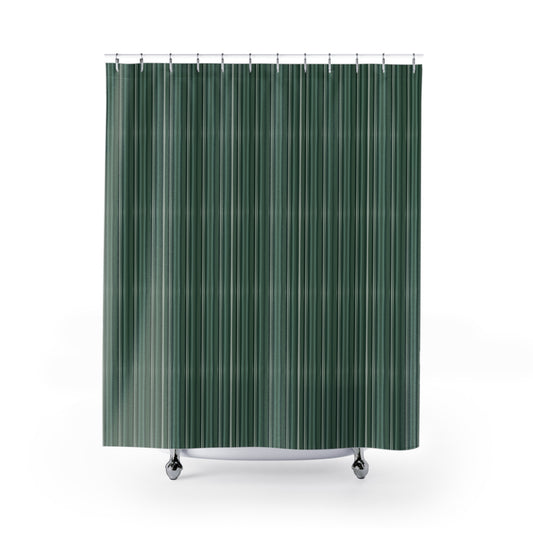 Shower curtain with a calming painted green stripe design