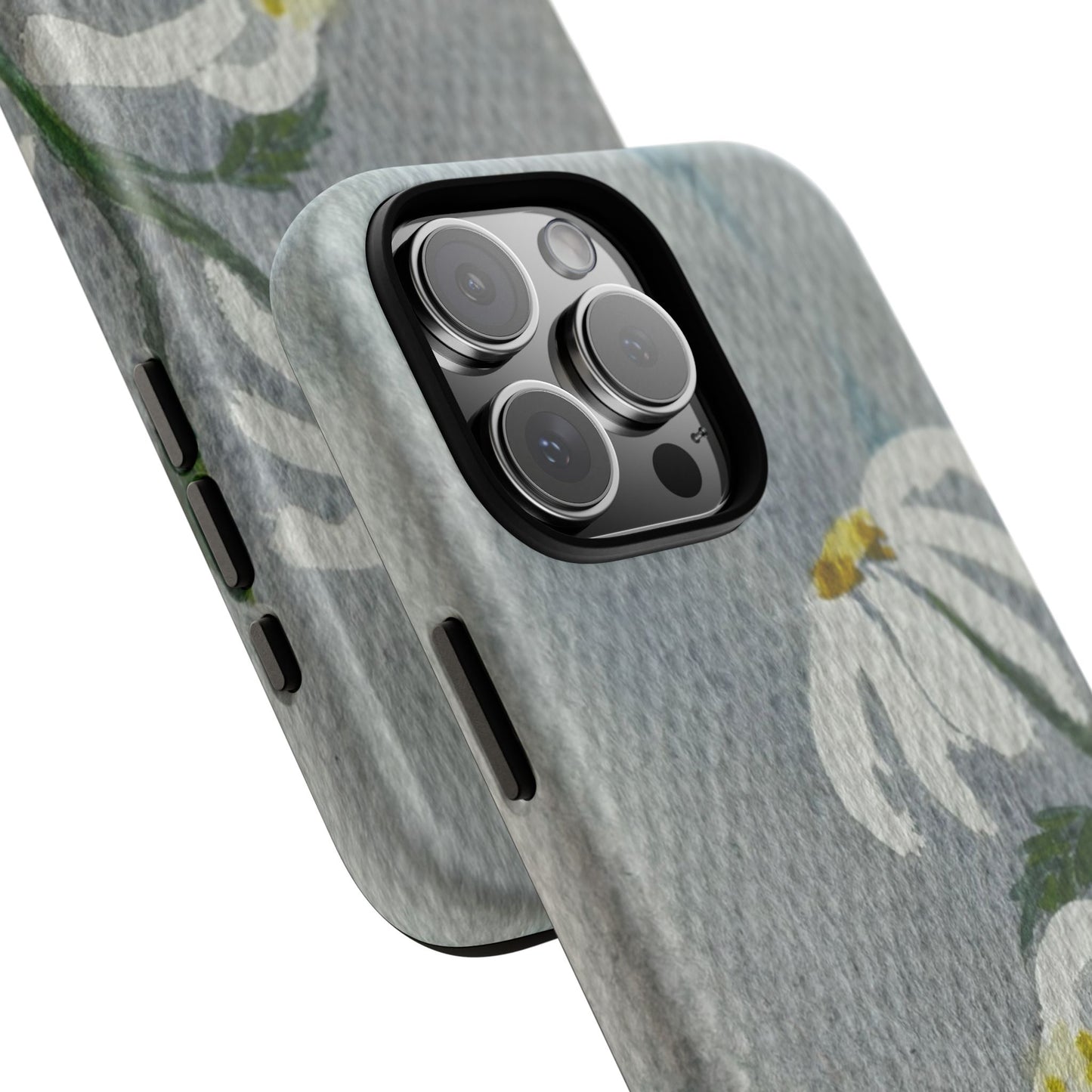Phone case with floral design on a gray background