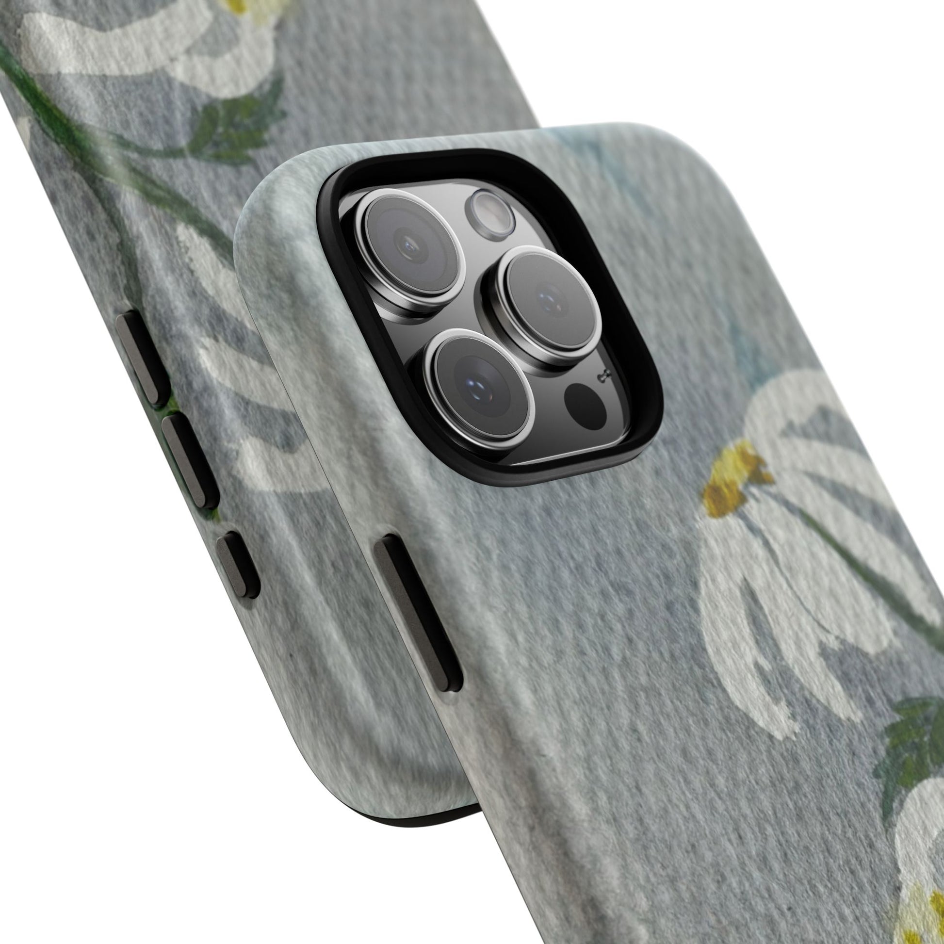 Phone case with floral design on a gray background