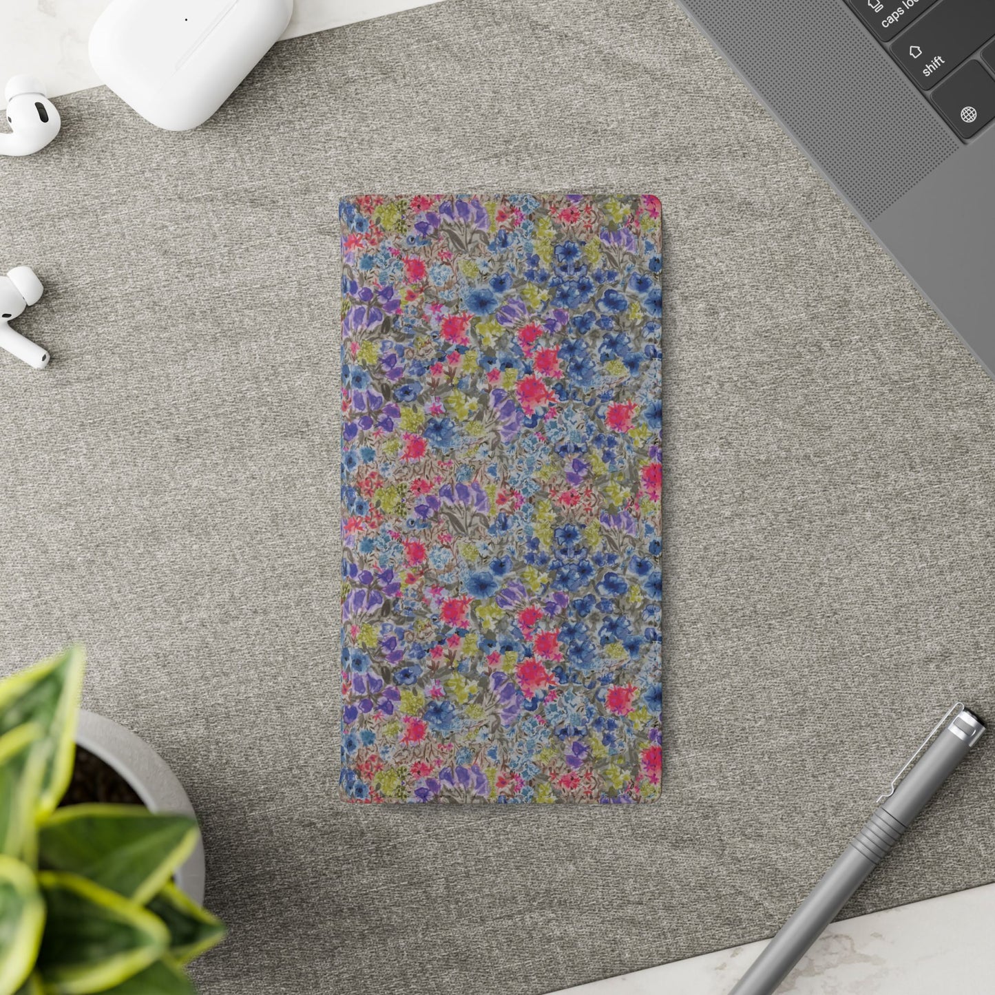 Blue wildflower floral flip phone case with watercolor botanical pattern.