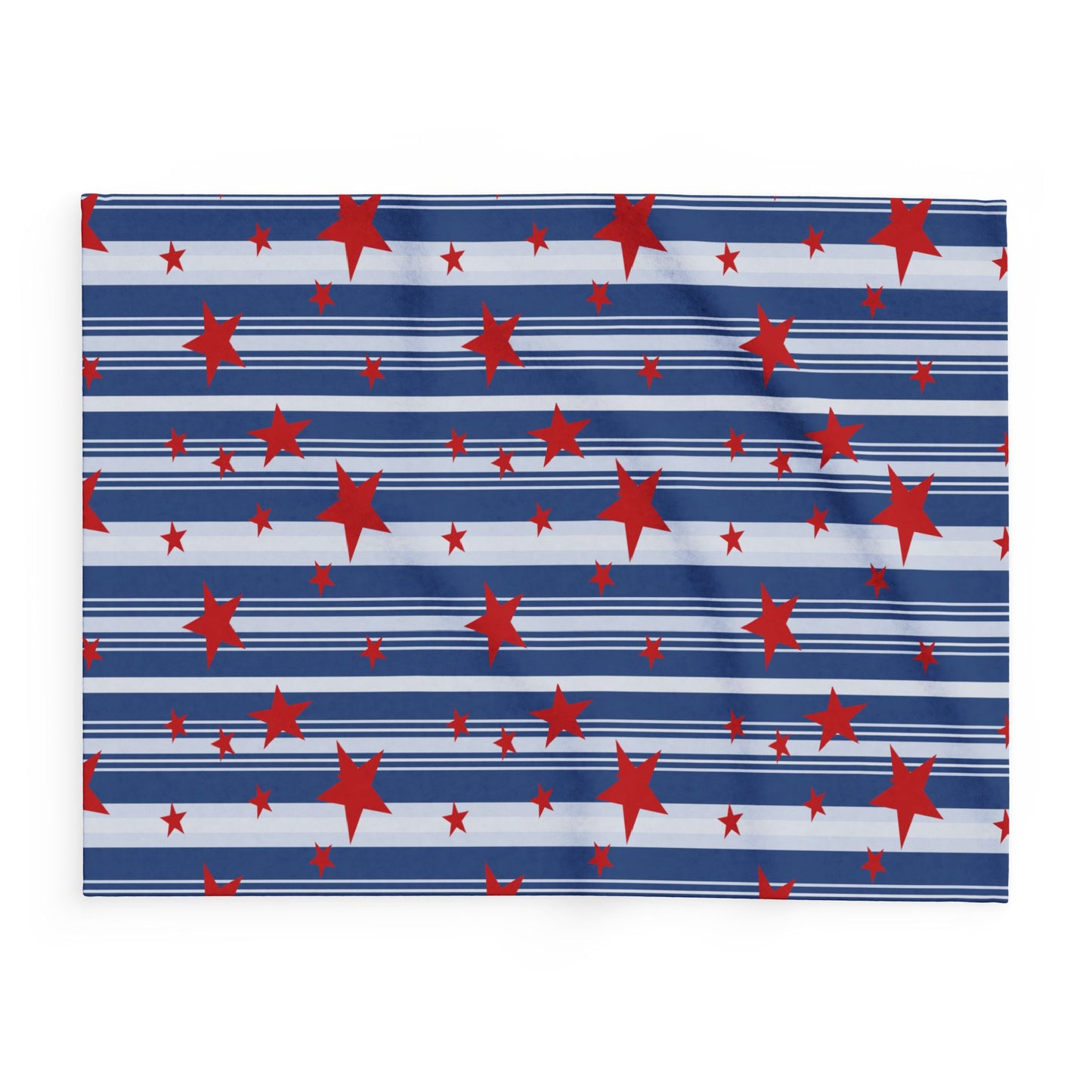 Throw blanket with pattern of red stars on blue and white striped background