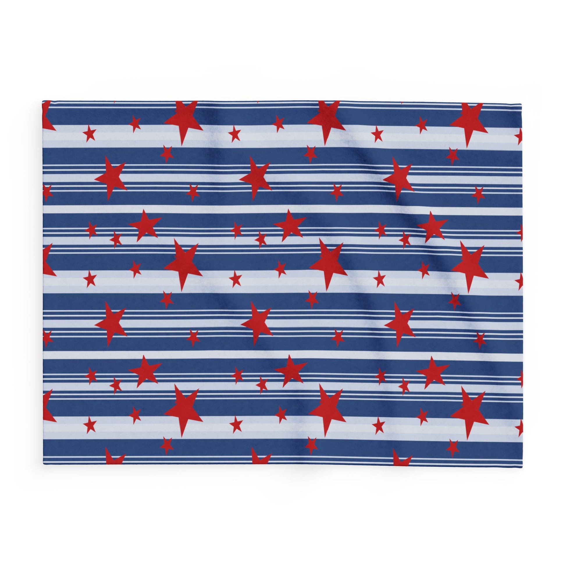 Throw blanket with pattern of red stars on blue and white striped background