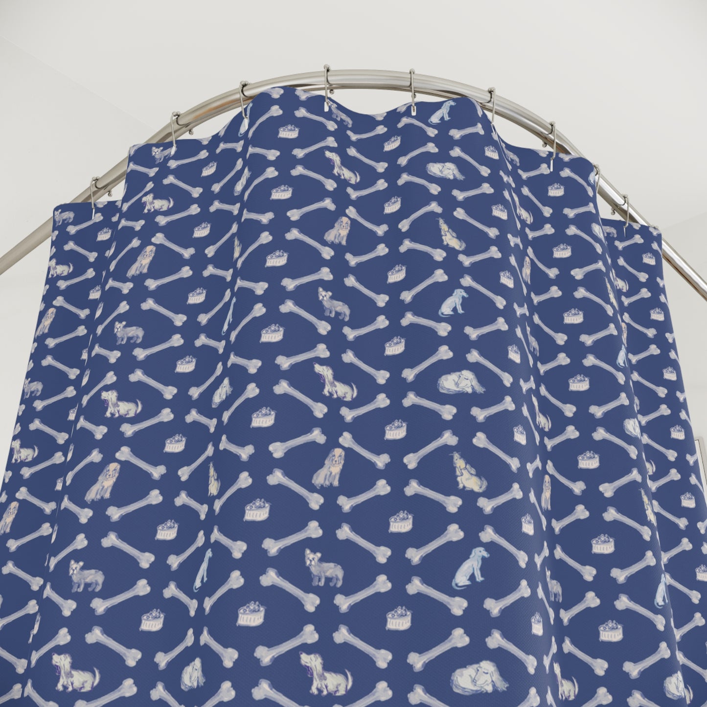 Dog Shower Curtain Navy Blue, Dog Bone Stripe Blue Foggy Night, Bones and Bowls Stripe Pattern, Pet Lover Bath Decor, Fur Friend Collection