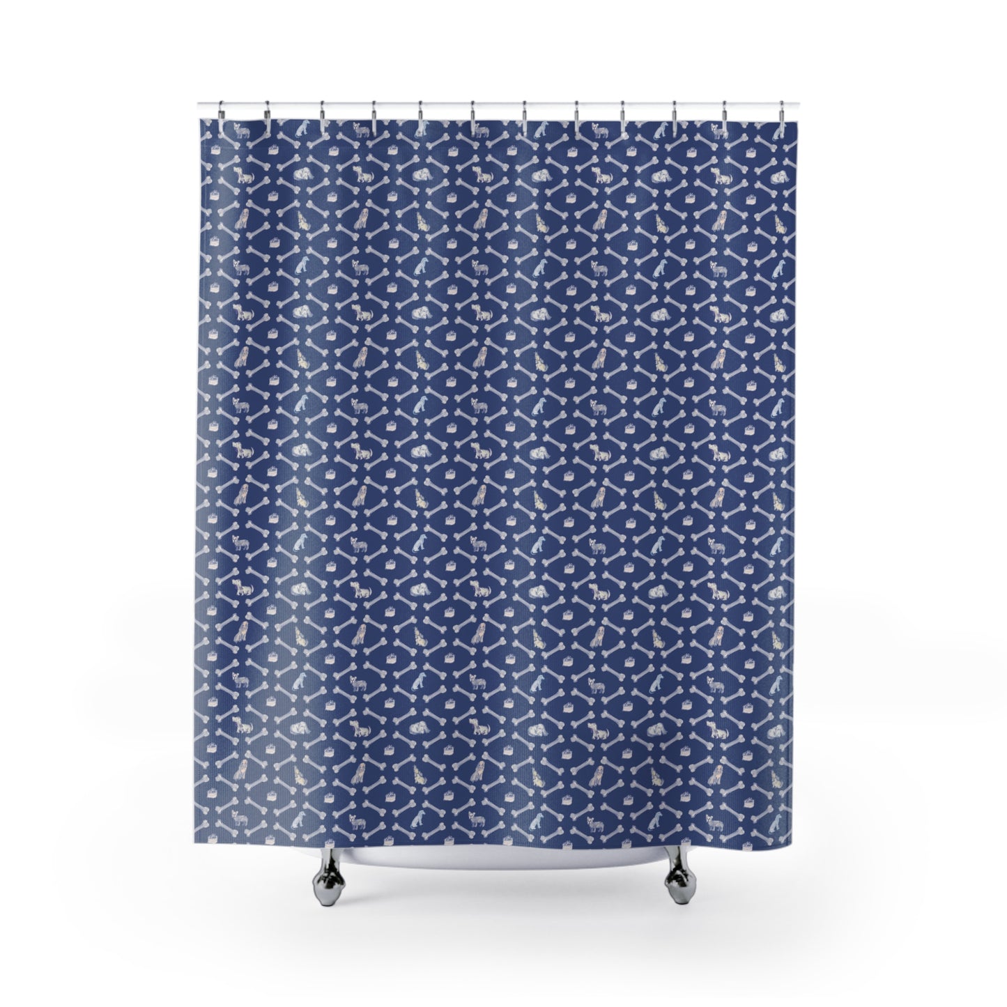 Dog Shower Curtain Navy Blue, Dog Bone Stripe Blue Foggy Night, Bones and Bowls Stripe Pattern, Pet Lover Bath Decor, Fur Friend Collection
