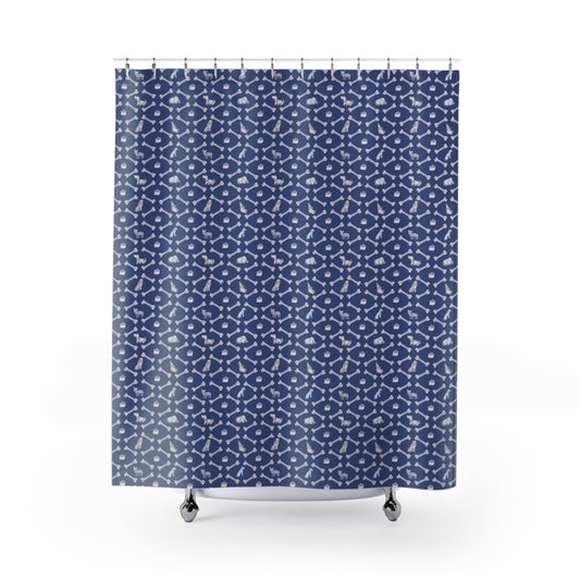 Dog Shower Curtain Navy Blue, Dog Bone Stripe Blue Foggy Night, Bones and Bowls Stripe Pattern, Pet Lover Bath Decor, Fur Friend Collection