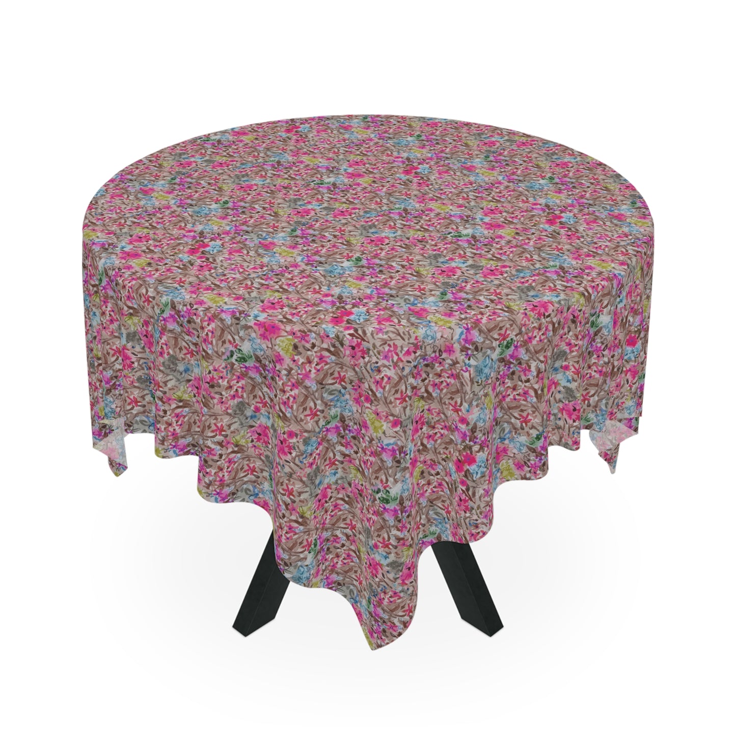 Round floral tablecloth on a white background. Feminine floral table cover with painterly blossoms and soft botanical pattern