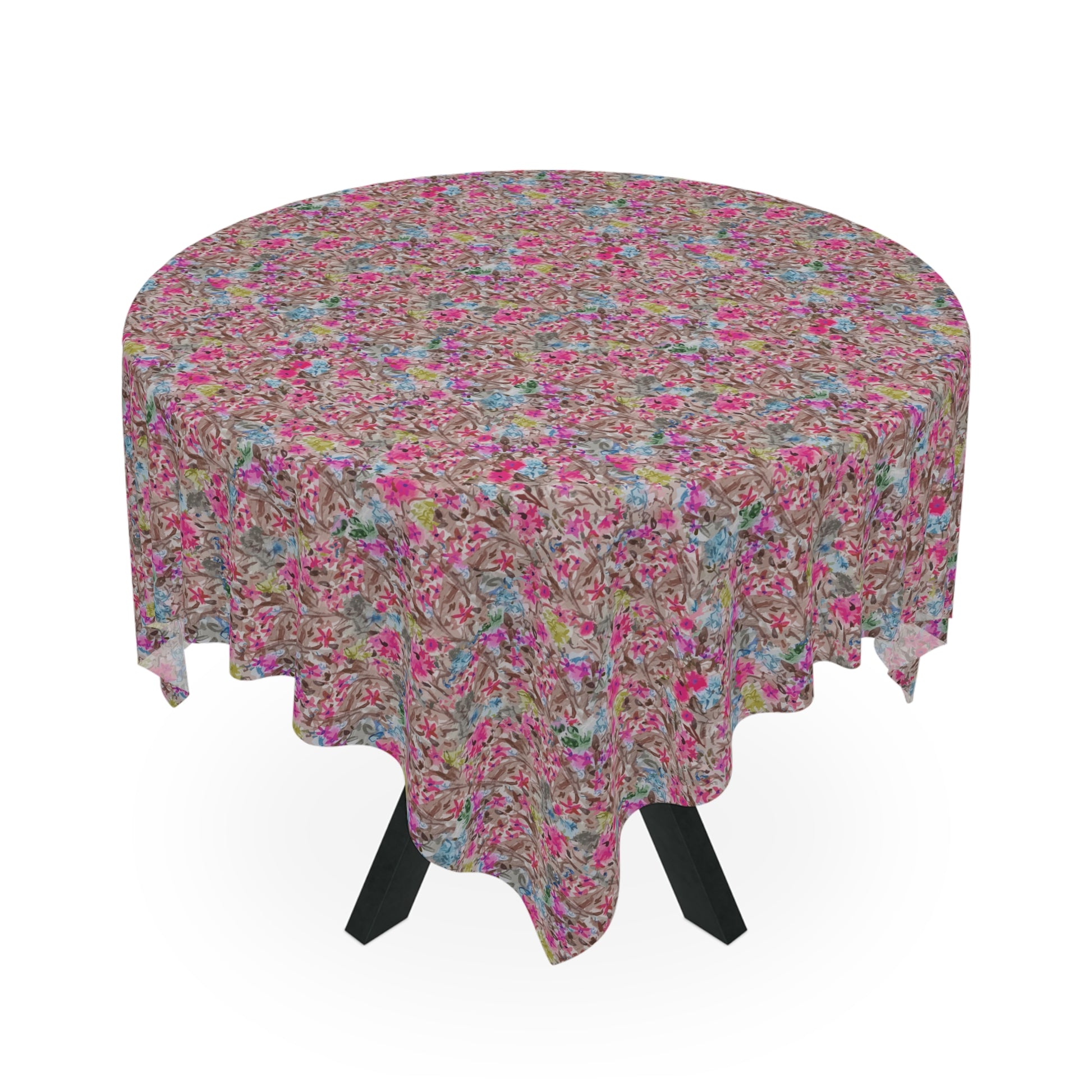 Round floral tablecloth on a white background. Feminine floral table cover with painterly blossoms and soft botanical pattern