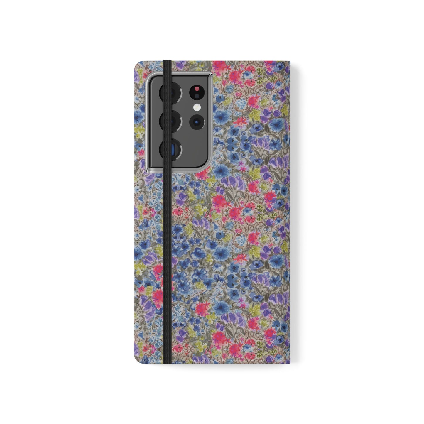 Blue wildflower floral flip phone case with watercolor botanical pattern.