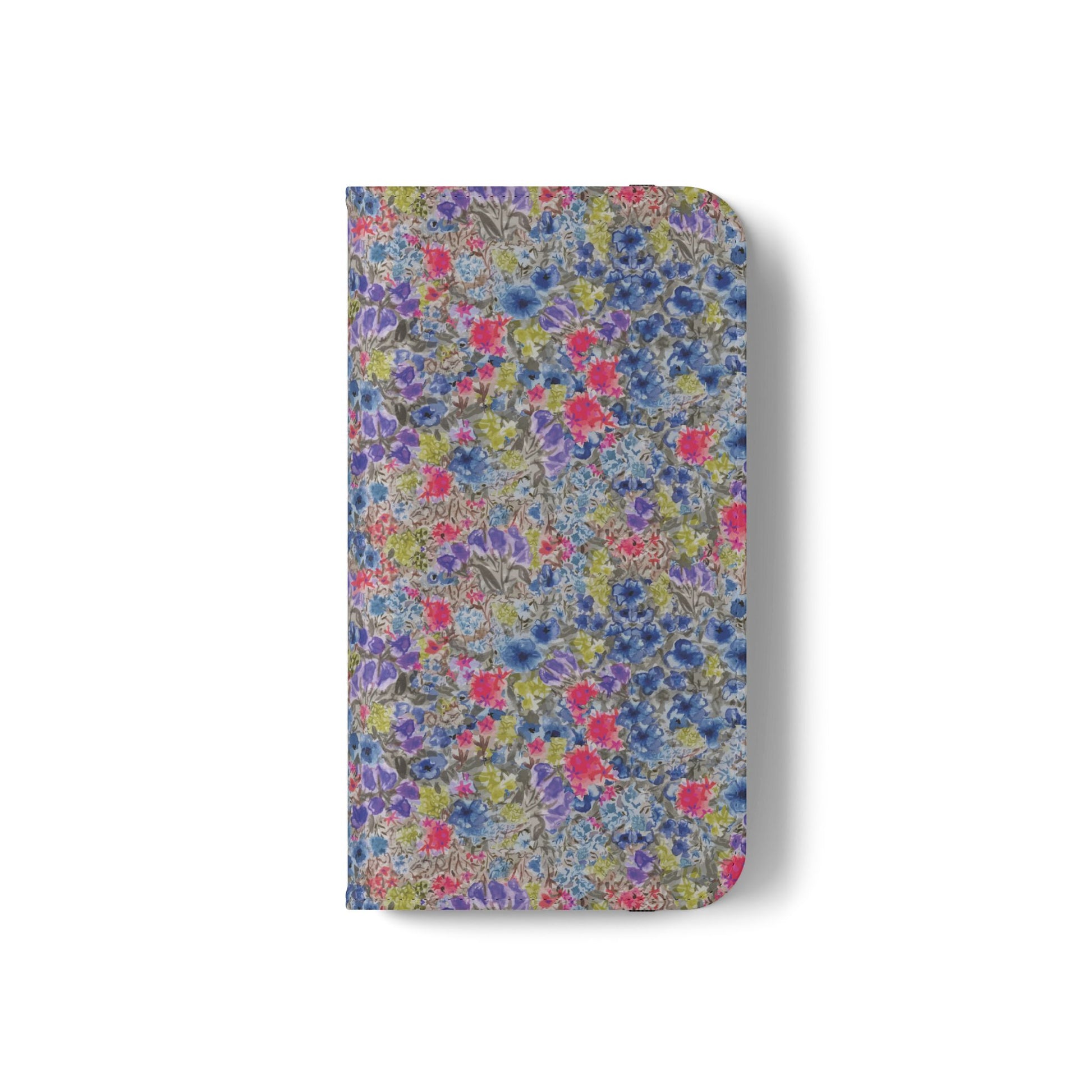 Blue wildflower floral flip phone case with watercolor botanical pattern.