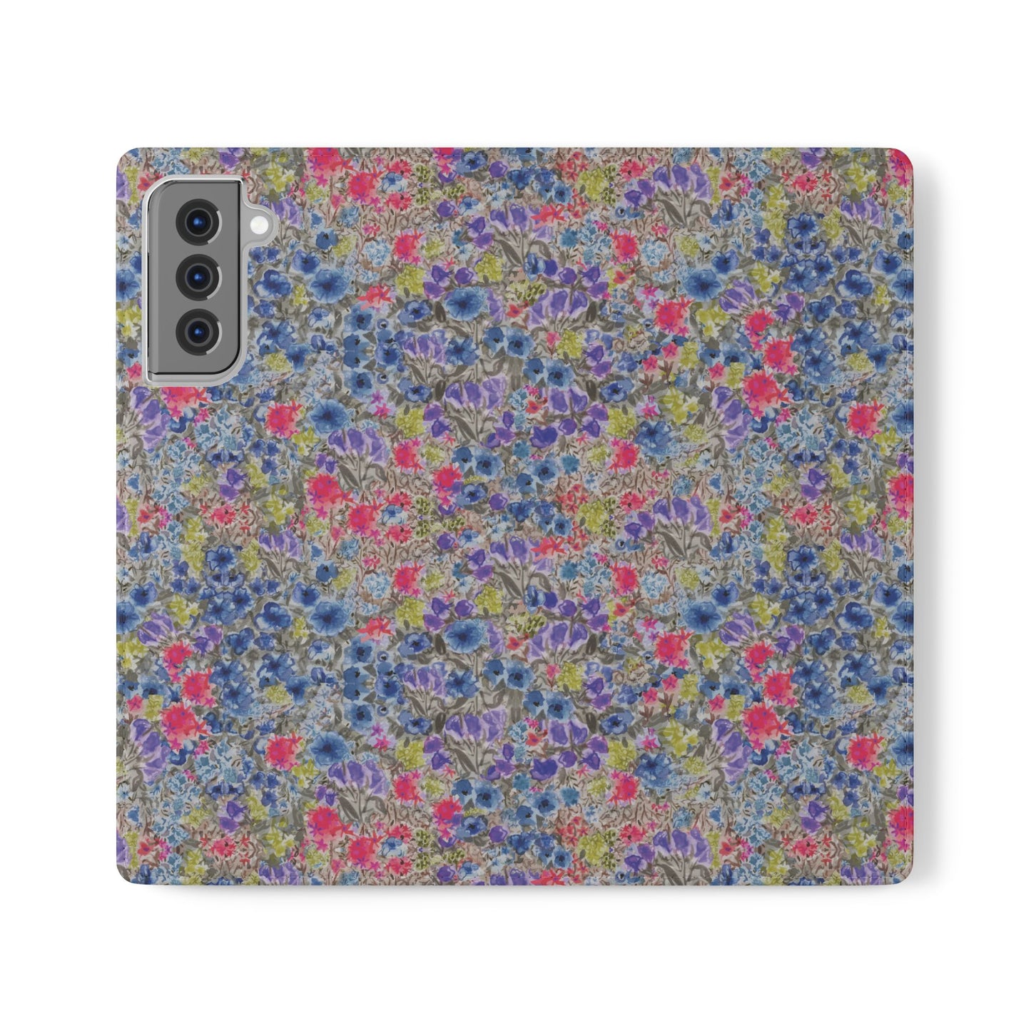 Blue watercolor wildflower wallet phone case featuring vibrant floral meadow artwork with pink and purple blossoms.