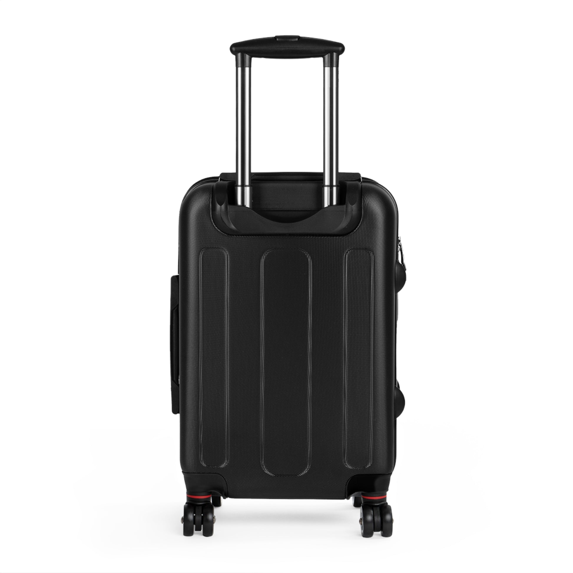 Black Back of Floral suitcase with wheels on a white background