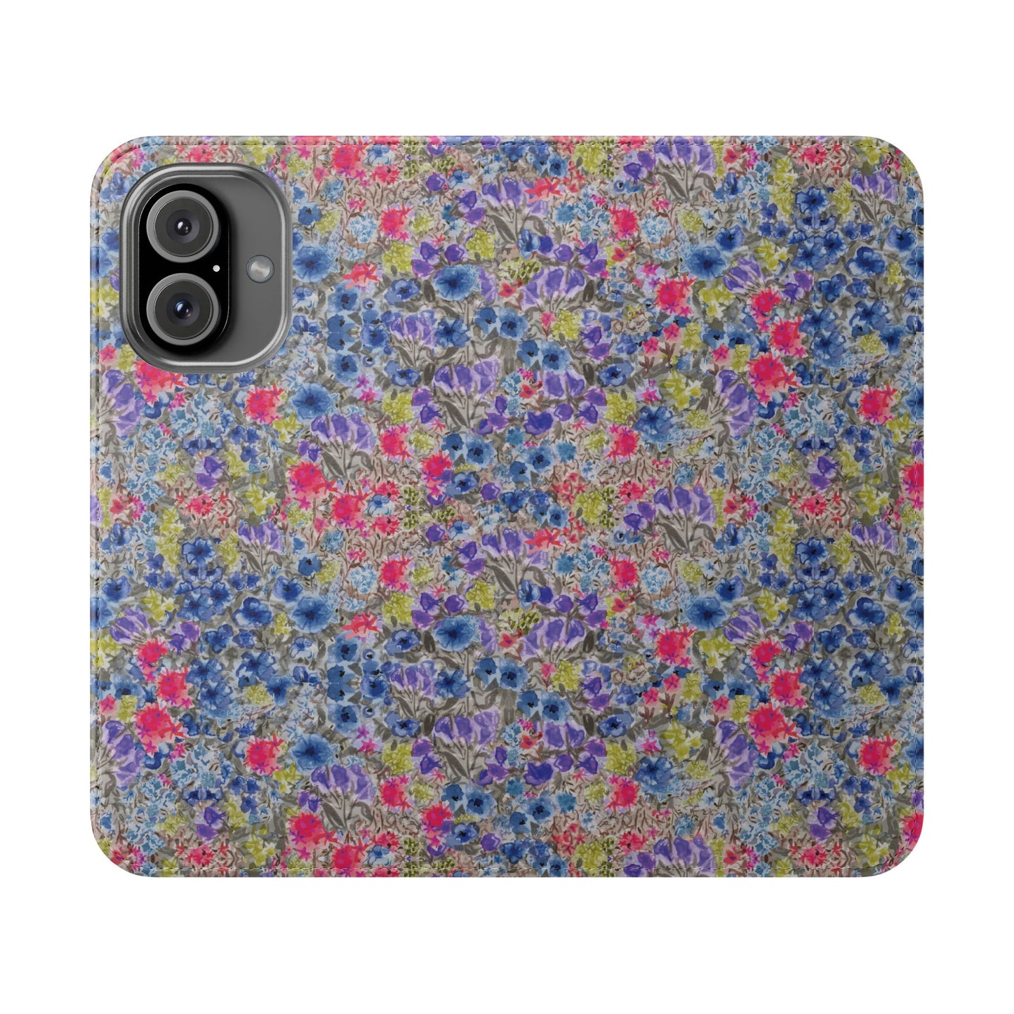 Blue watercolor wildflower wallet phone case featuring vibrant floral meadow artwork with pink and purple blossoms.