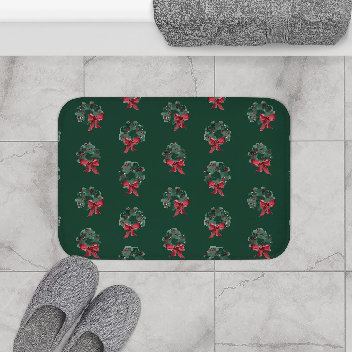 Evergreen Wreath Christmas Bath Mat – Dark Green — on a bathroom floor