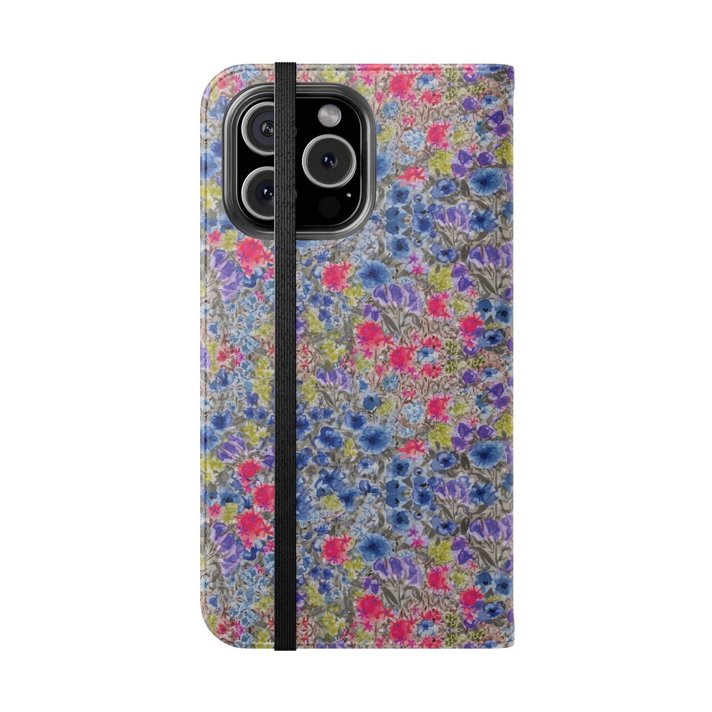 Blue wildflower floral flip phone case with watercolor botanical pattern.