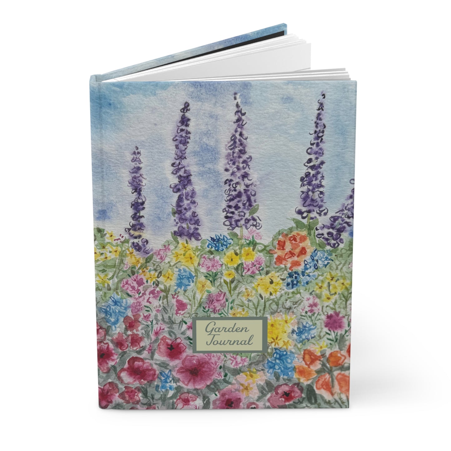 Watercolor garden journal with wildflower meadow and purple lupine flowers on soft blue background