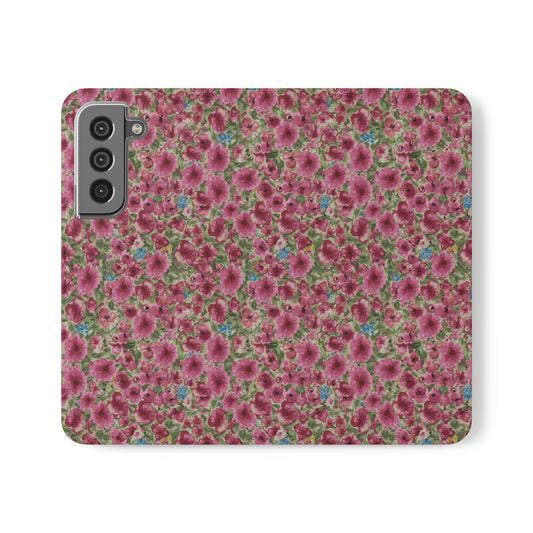 Pink watercolor floral wallet phone case featuring a cottage garden pattern with soft pink flowers and green foliage on a flip folio phone wallet with card slots.