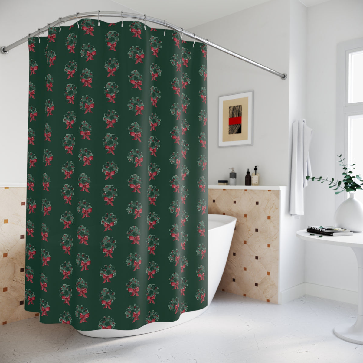 Evergreen Wreath Christmas Shower Curtain – Dark Green — in a bathroom (view 2)