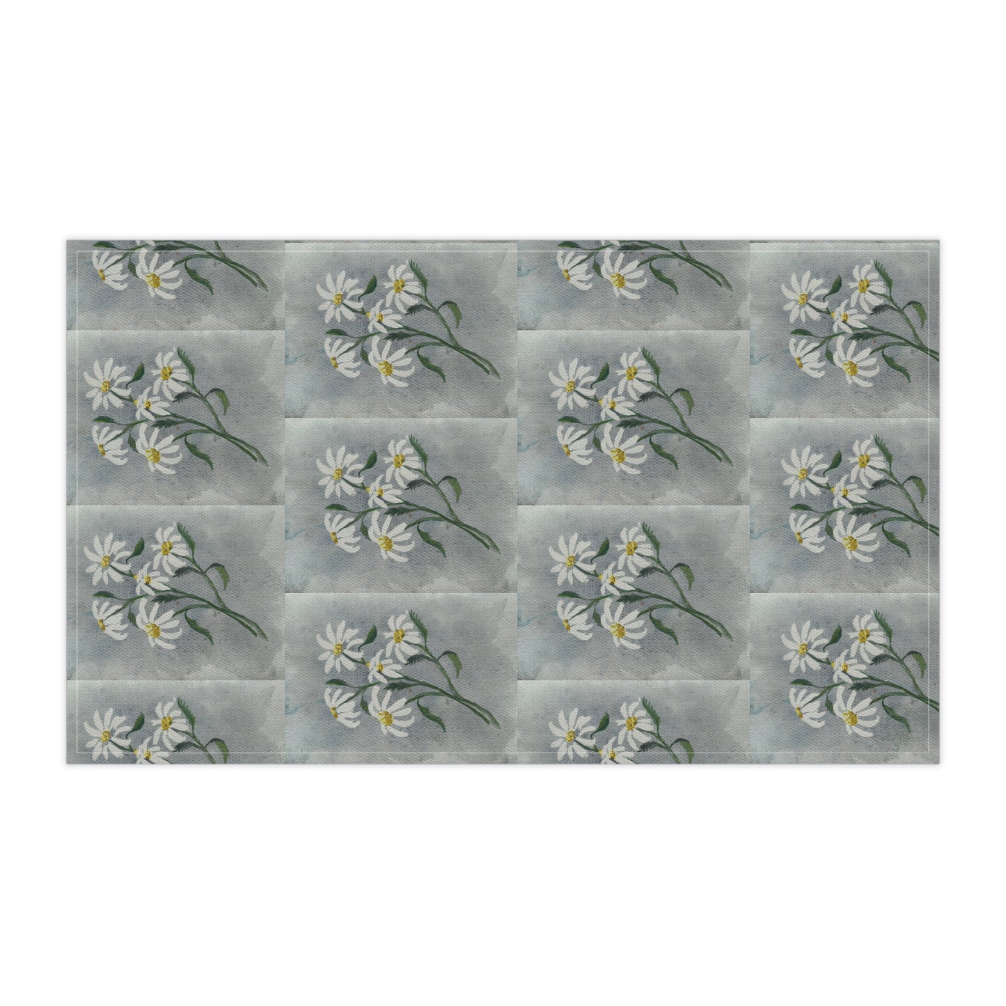 watercolor tea towel with repeating white daisy floral pattern on soft gray background