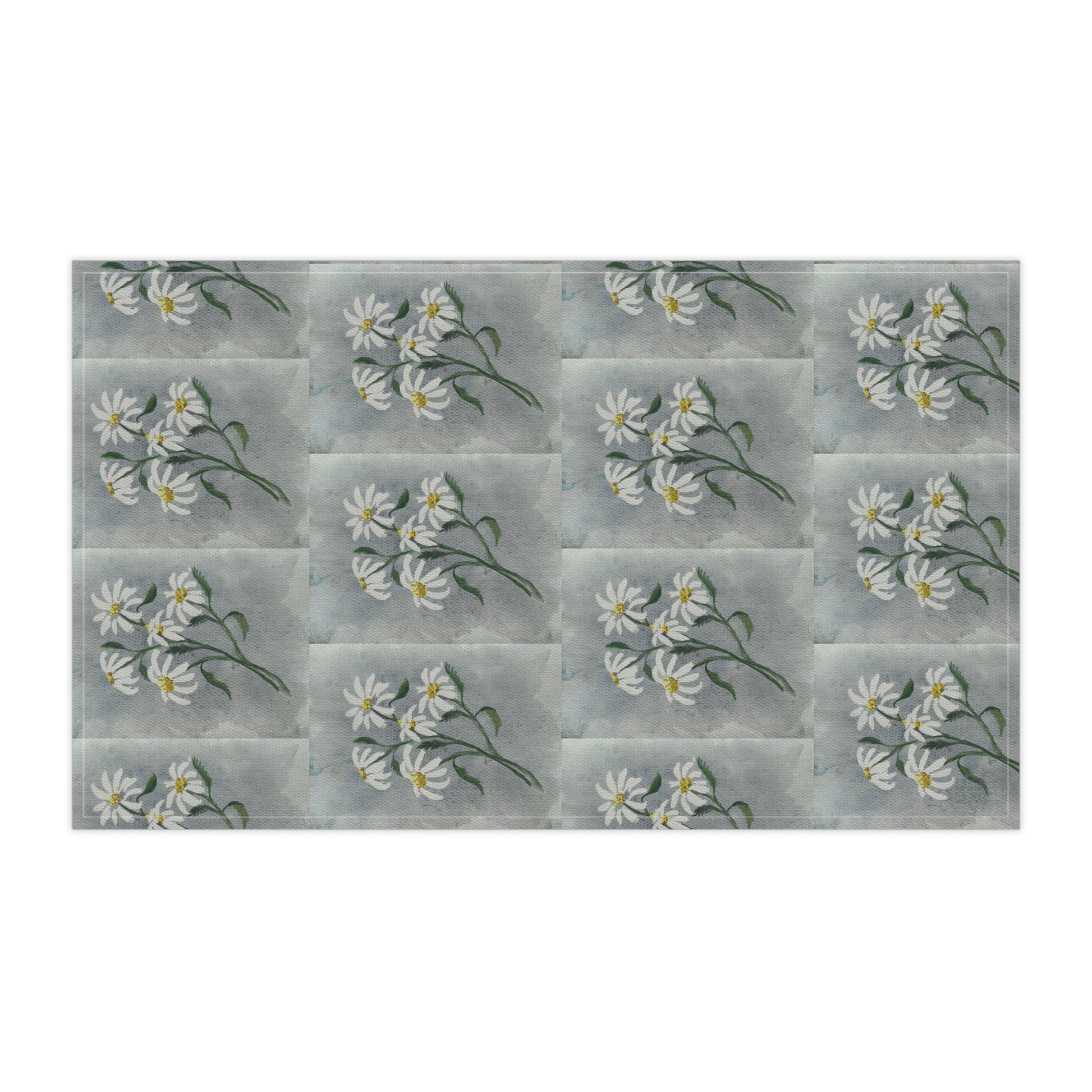 watercolor tea towel with repeating white daisy floral pattern on soft gray background