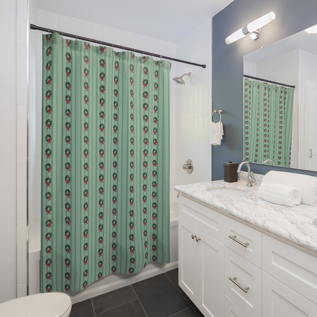 Christmas Wreath & Ribbon Watercolor Shower Curtain — in a bathroom