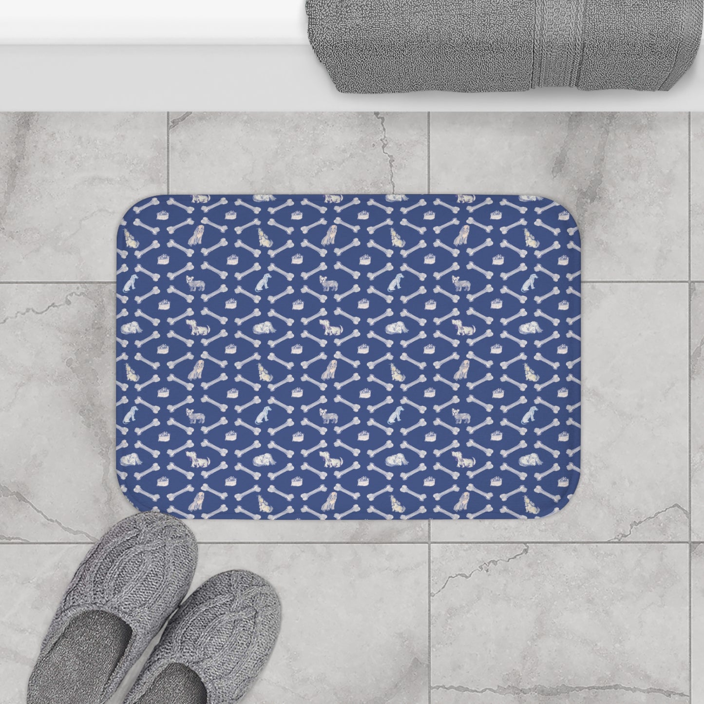Dog and White Bone Pattern Bath Mat | Navy Dog Bones Non-Slip Bathroom Rug