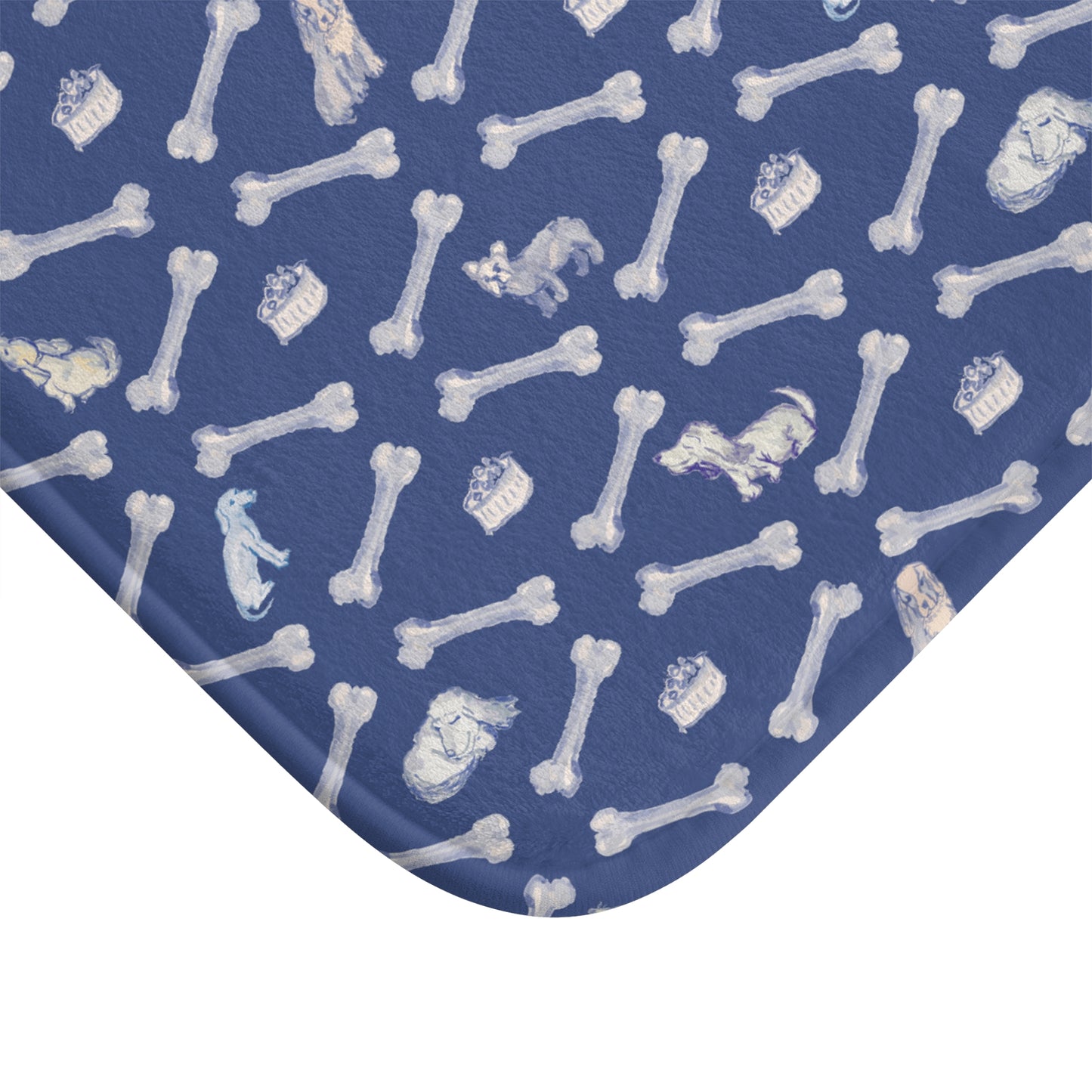 Dog and White Bone Pattern Bath Mat | Navy Dog Bones Non-Slip Bathroom Rug