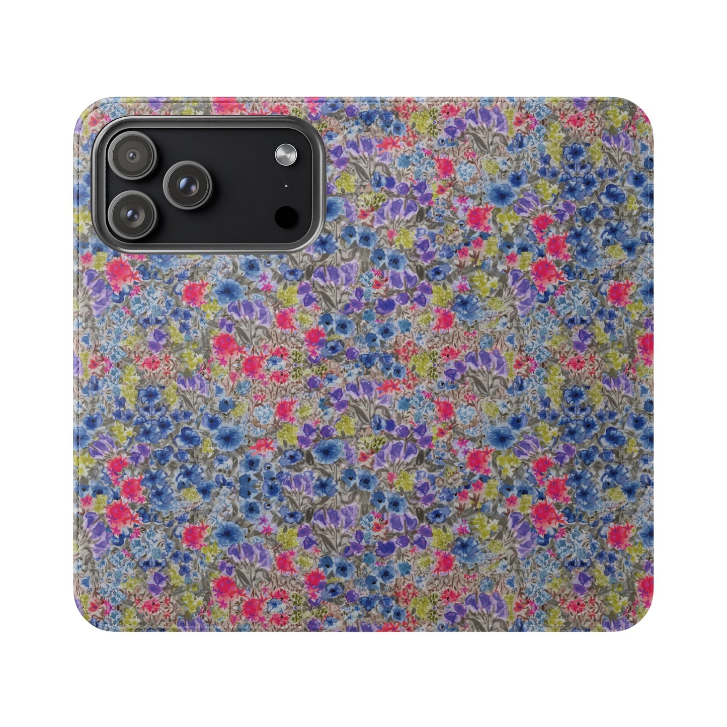 Blue watercolor wildflower wallet phone case featuring vibrant floral meadow artwork with pink and purple blossoms.