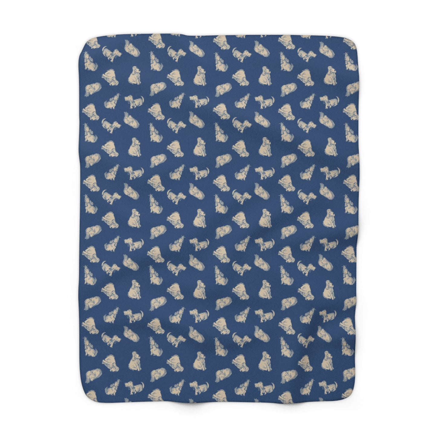 Blue blanket with beige dog pattern on a white background