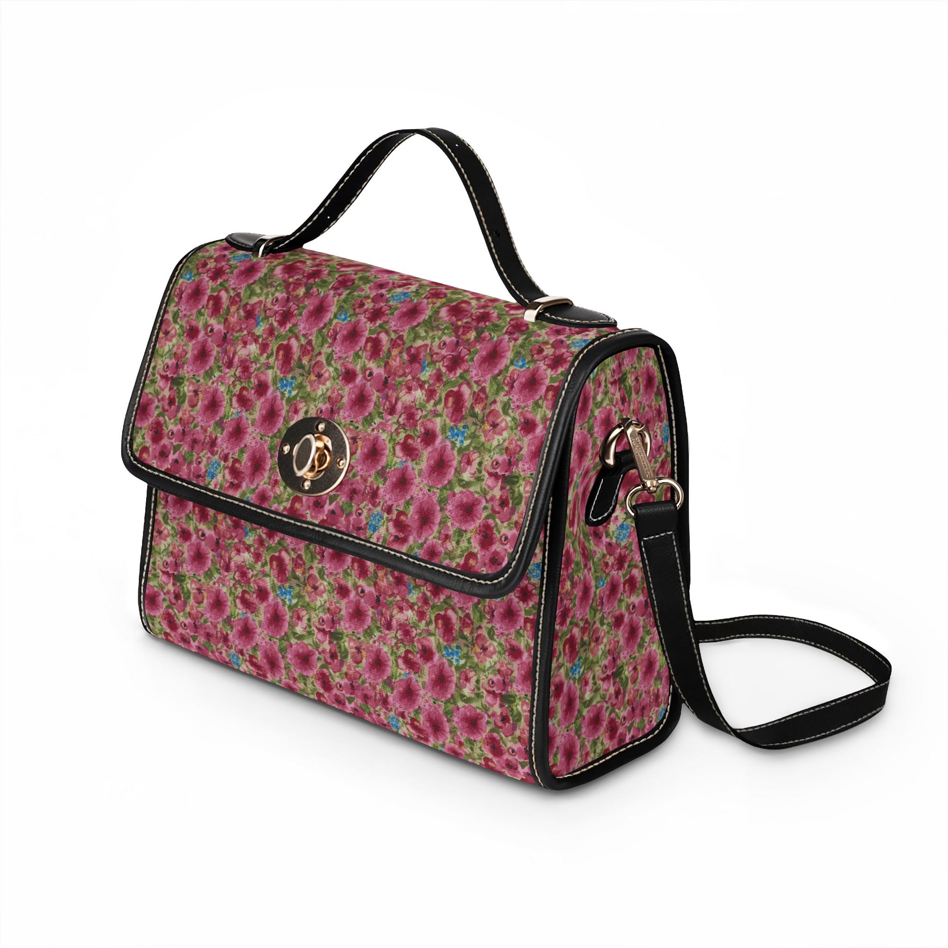 Pink watercolor poppies floral satchel handbag featuring a cottage garden botanical pattern with crossbody strap and top handle.