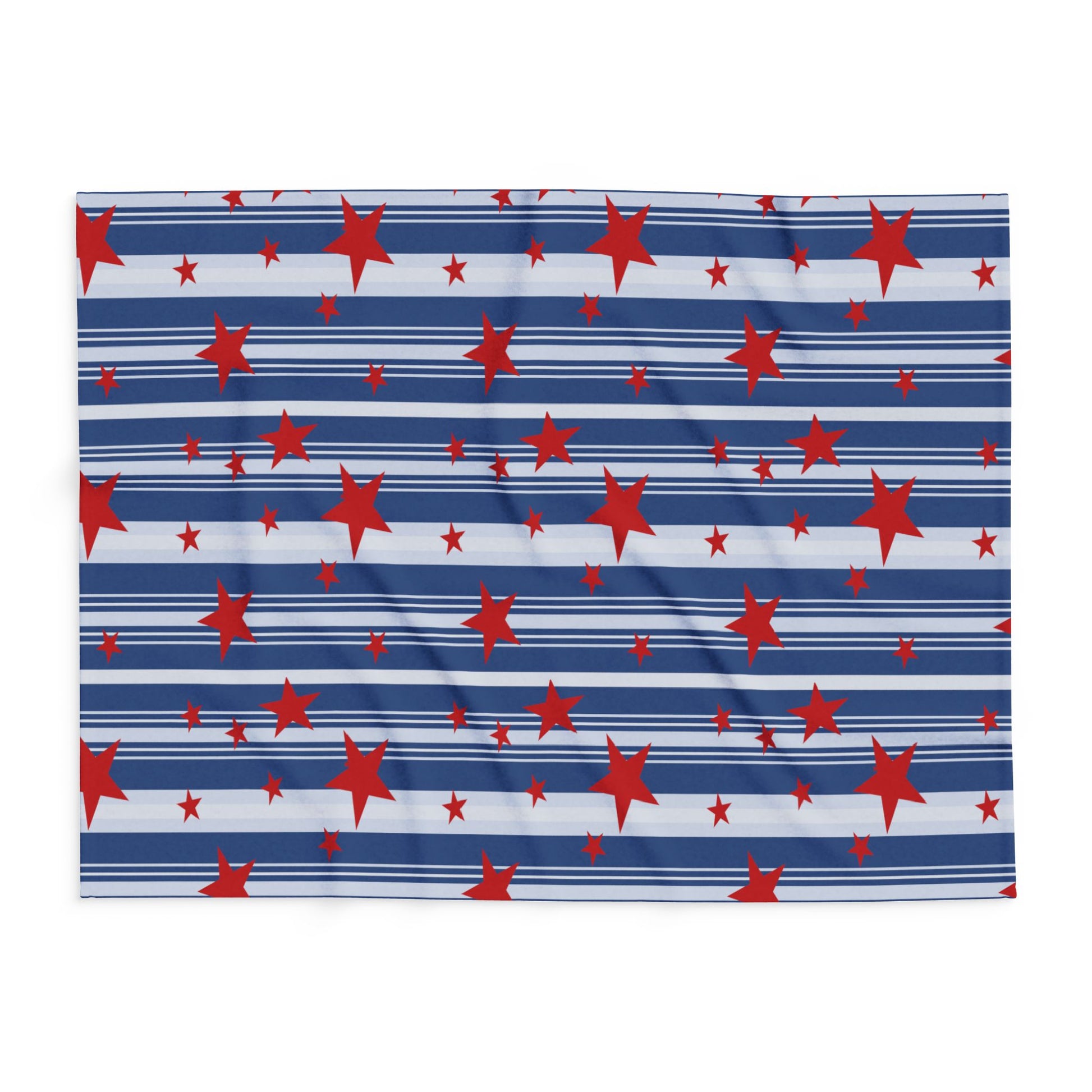 Throw blanket with pattern of red stars on blue and white striped background