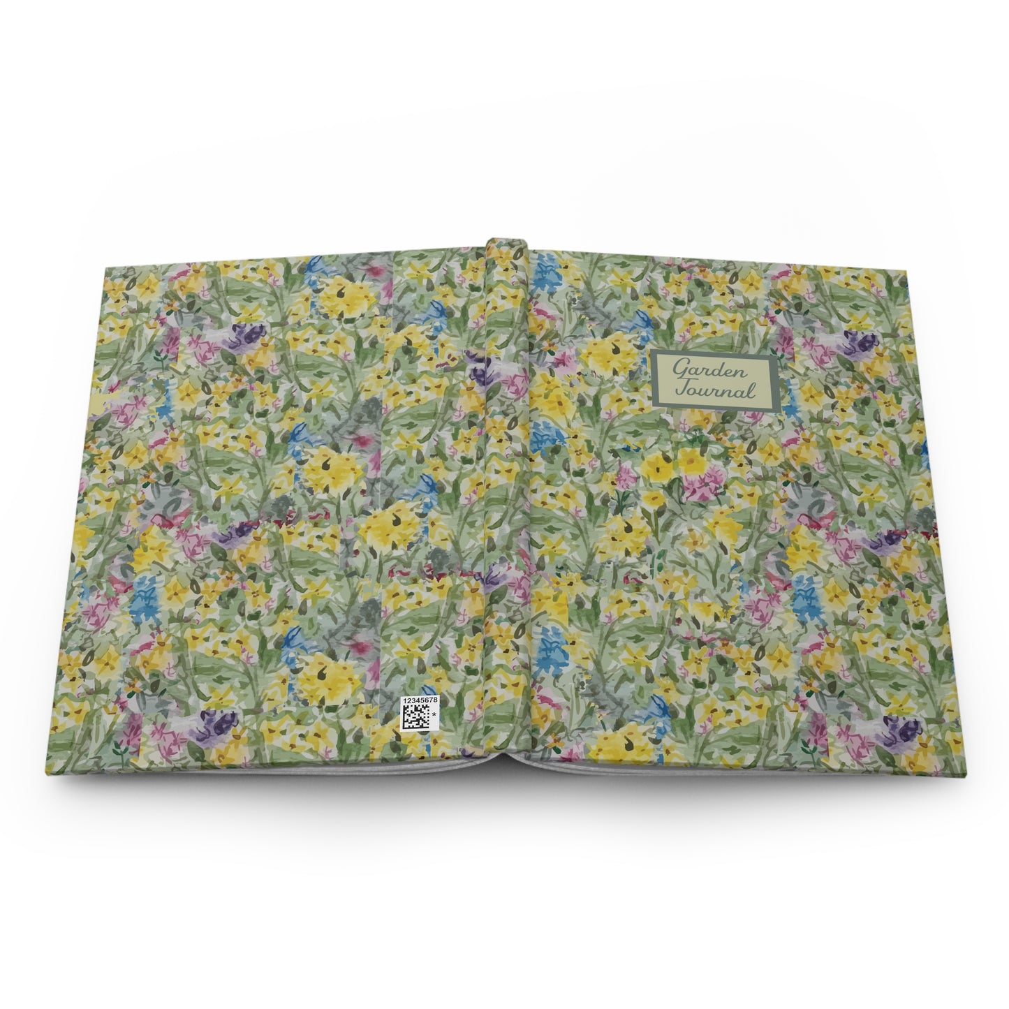 Floral Fields garden journal with watercolor wildflower pattern in green yellow and pink tones matte hardcover notebook