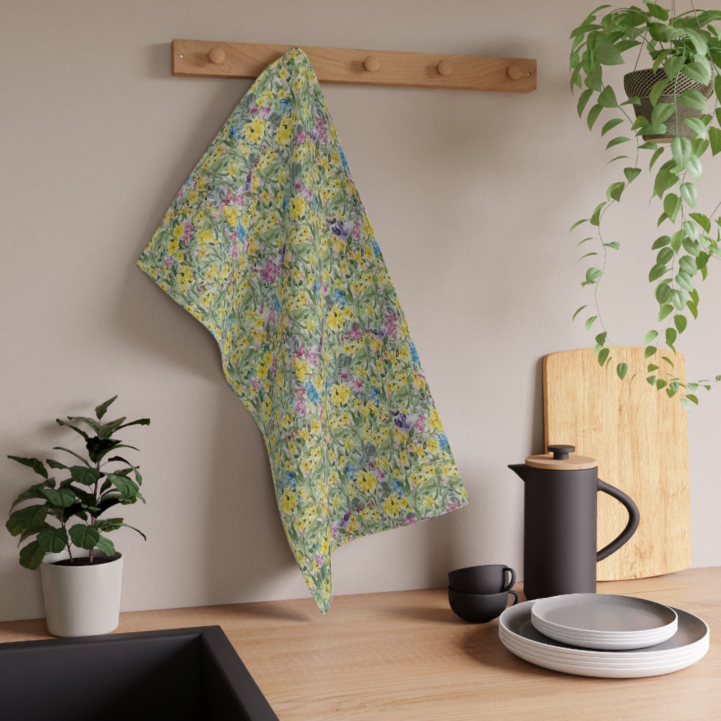 Spring Meadow Floral Tea Towel – Soft Yellow Wildflower Kitchen Towel