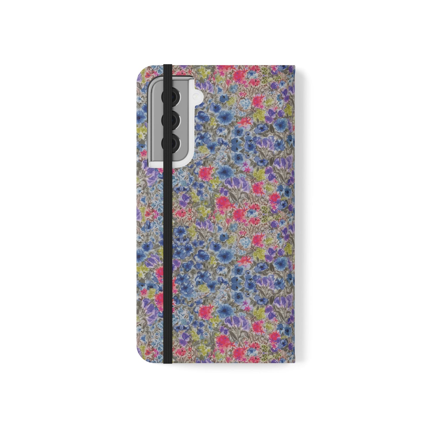 Blue wildflower floral flip phone case with watercolor botanical pattern.