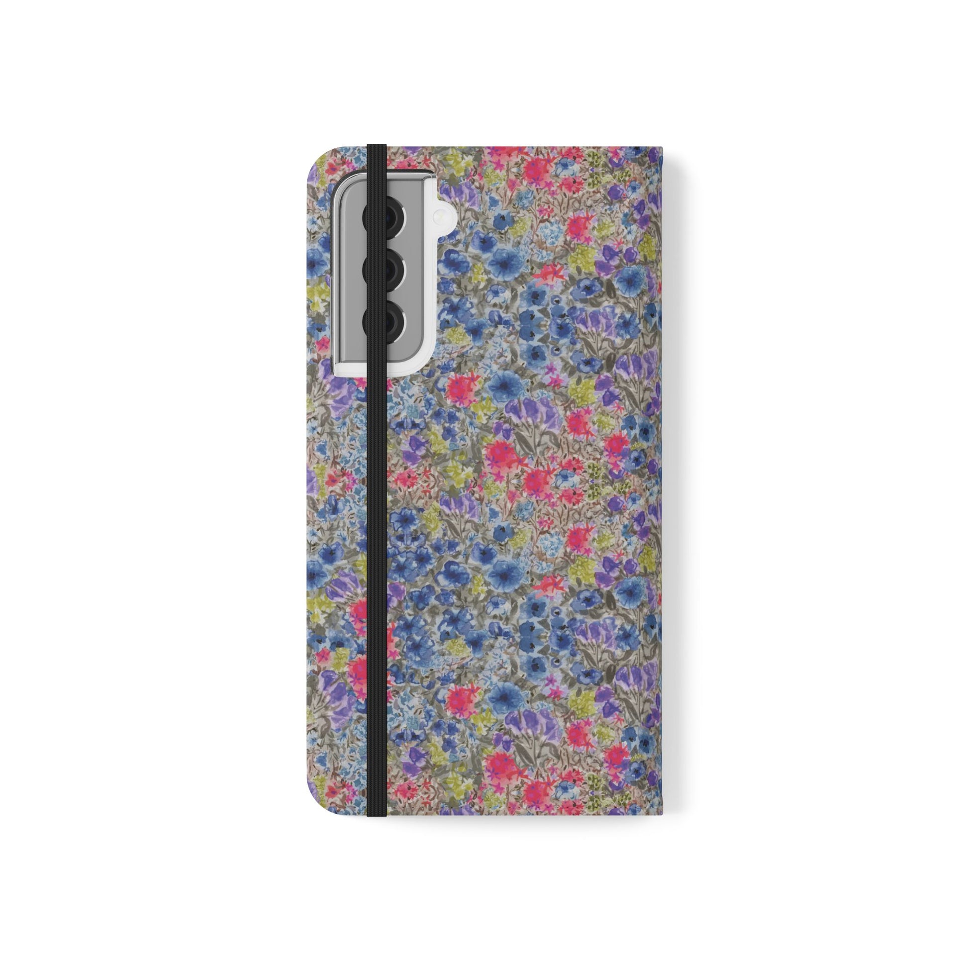 Blue wildflower floral flip phone case with watercolor botanical pattern.