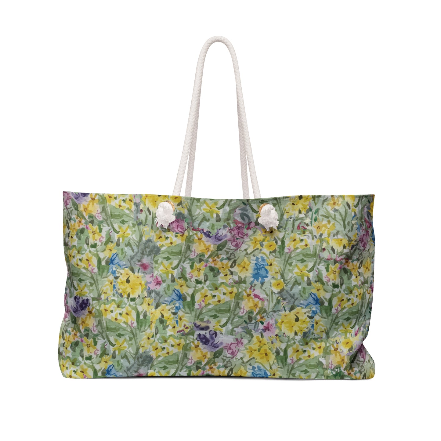 Watercolor wildflower floral weekender tote bag with yellow meadow flowers and green botanical pattern.